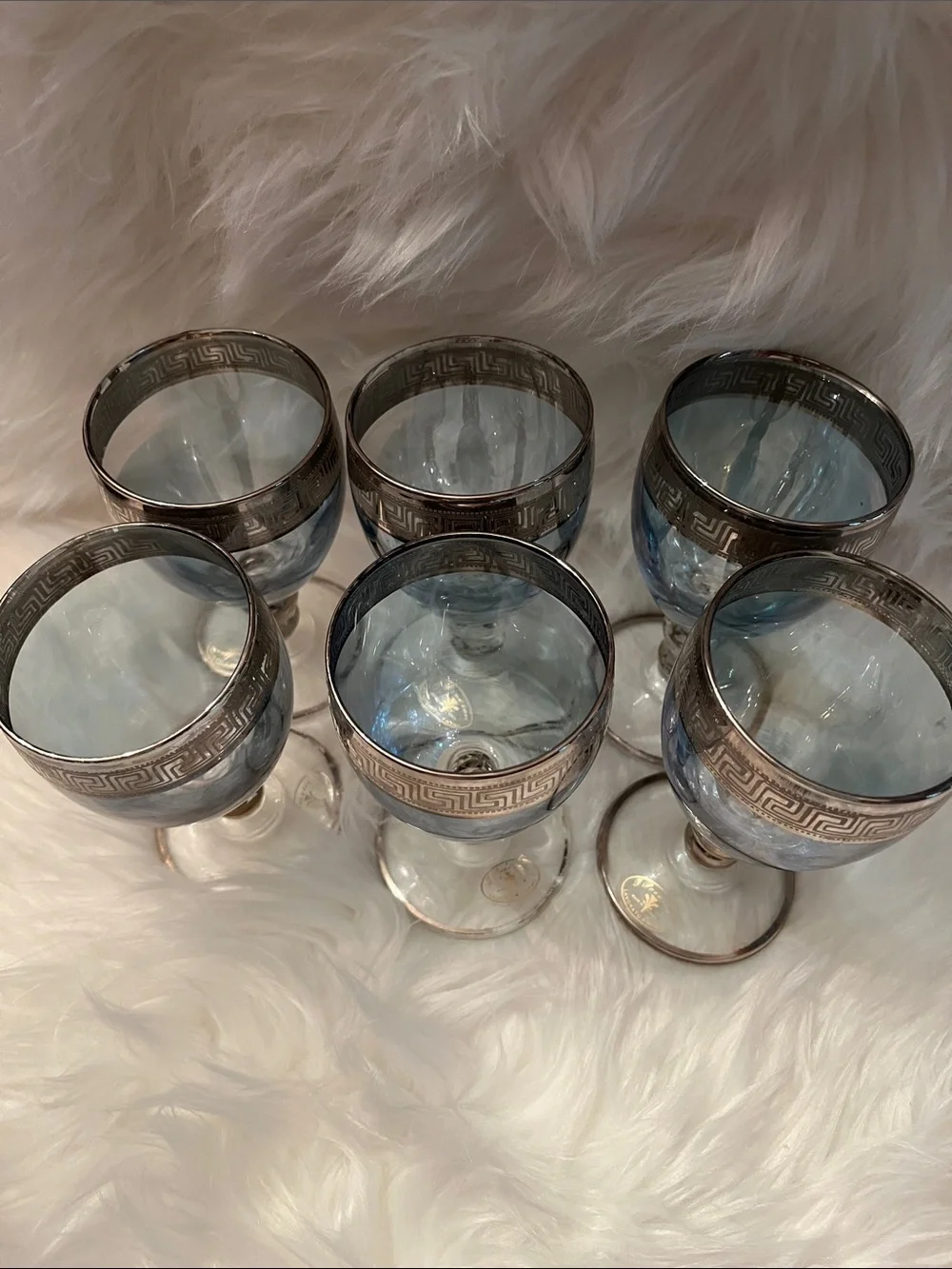 Set of 6 Blue Glass Wine Goblets with Silver Decorative Band